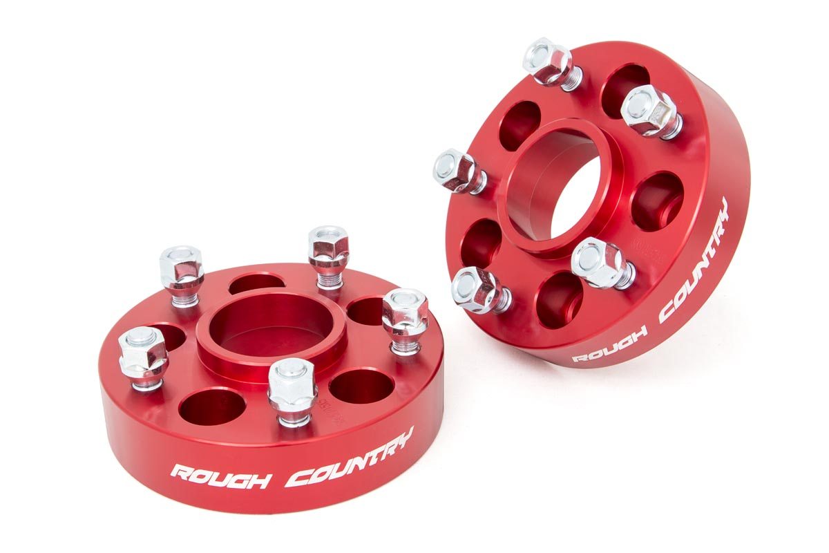 Rough Country (1092RED) 1.5 Inch Wheel Adapters | 5x4.5 to 5x5 | Red | Jeep Cherokee XJ/Comanche MJ/Wrangler TJ