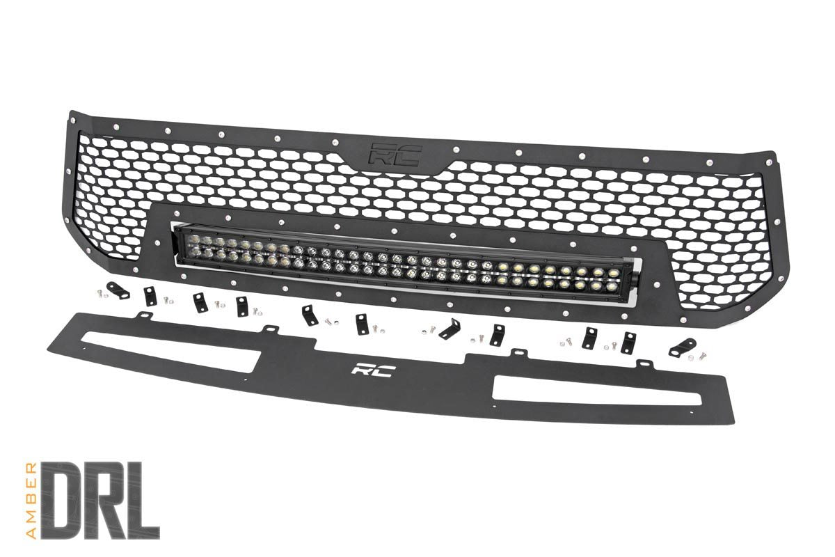 Rough Country (70224) Mesh Grille | 30" Dual Row LED | Black | Amber DRL | Toyota Tundra (14-17)