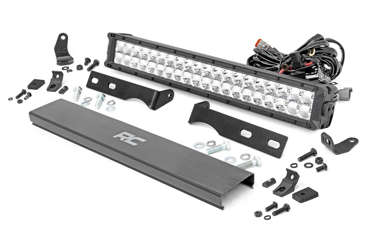 Rough Country (70776) LED Light Kit | Bumper Mount | 20" Chrome Dual Row | Amber DRL | Jeep Grand Cherokee WK2 (11-20)