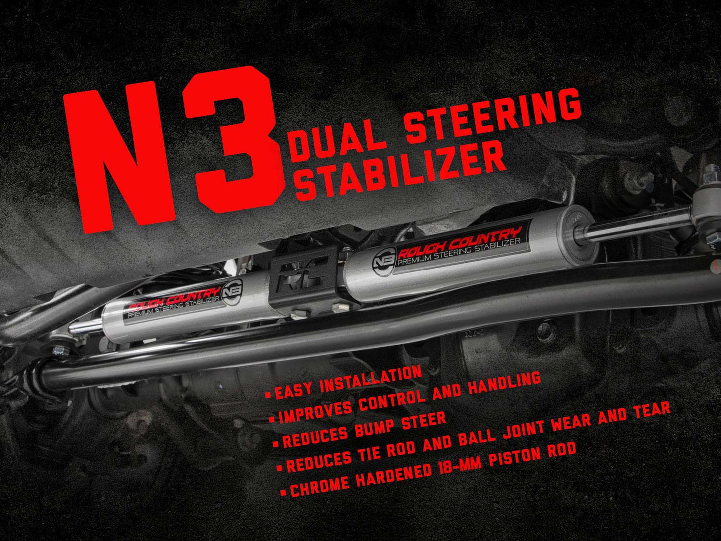 Rough Country (8732130) N3 Steering Stabilizer | Dual | 2-8 Inch Lift | Dodge 1500 (94-99)