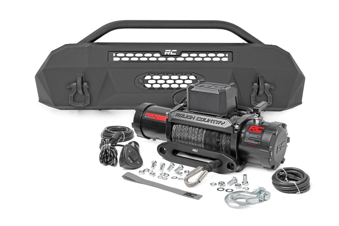 Rough Country (10715) Front Bumper | Hybrid | 12000-Lb Pro Series Winch | Synthetic Rope | Toyota Tacoma (16-23)